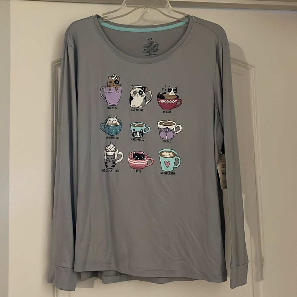 Secret Treasures Coffee Cats Sleep Shirt Size L (12-14) TOP ONLY